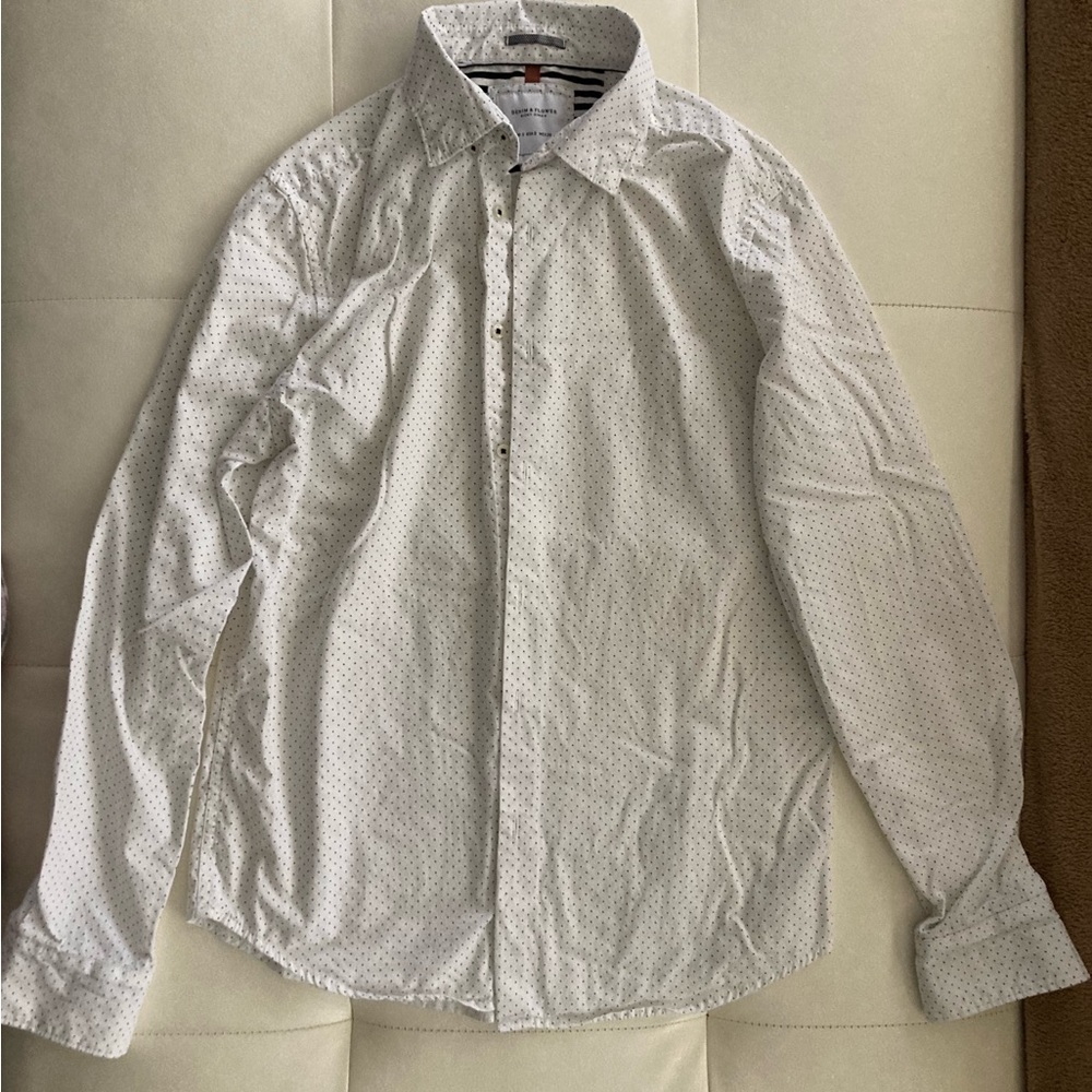 Denim & Flower Ricky Singh Button Front Mens Small White w Black Poka Dots